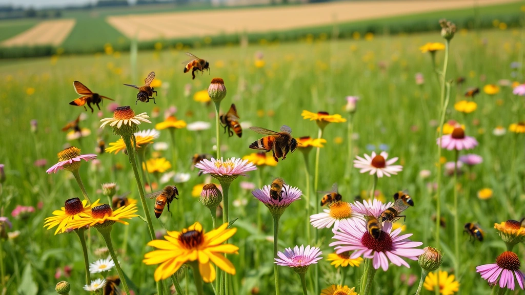 Diverse pollinator species including honeybees, bumblebees, butterflies, and beetles visiting wildflower meadow in full bloom, vibrant natural colors, agricultural landscape in background showing economic value of pollination