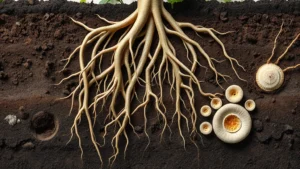 Intricate root system network in cross-section soil showing root hairs absorbing water and nutrients, with mycorrhizal fungi associations visible, photorealistic underground perspective, earthy tones and fine detail, no text or labels