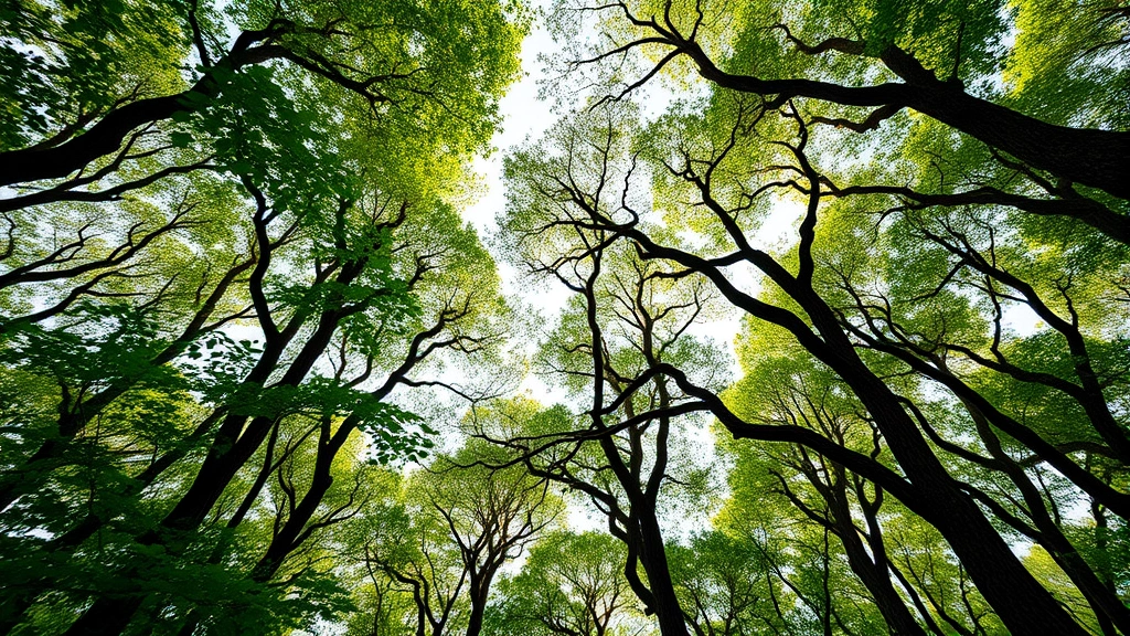Dense forest canopy showing multiple trees bending and adapting to wind stress, varied green foliage with mechanical strengthening visible in branch structure, natural sunlight filtering through leaves, photorealistic wide-angle view, no labels or text