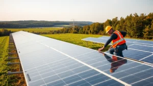 Professional installation of large-scale solar panels in rural agricultural setting, technicians in safety gear working on mounting systems, lush green farmland and forest visible in background, golden afternoon light