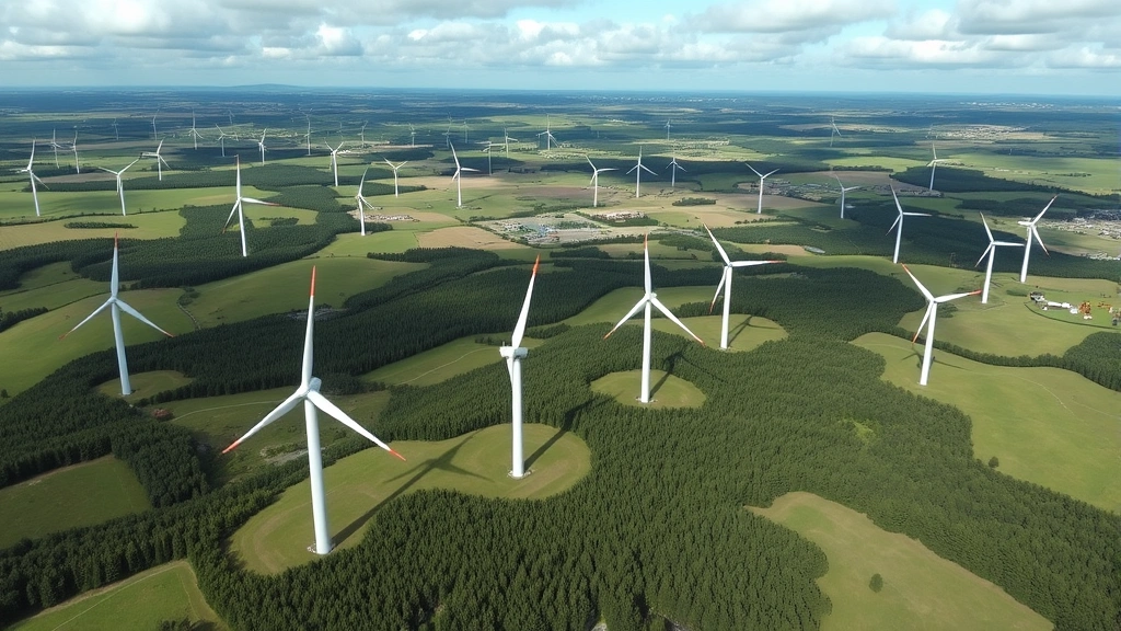 Aerial panoramic view of operational wind farm with dozens of white turbines across rolling green landscape, patches of forest interspersed, distant hills on horizon, partly cloudy sky