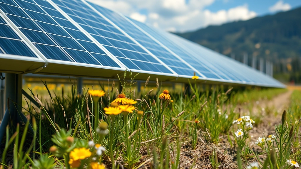Close-up of renewable energy infrastructure in natural setting, showing solar array edge with native vegetation and wildflowers growing beneath panels, demonstrating ecosystem integration, natural lighting