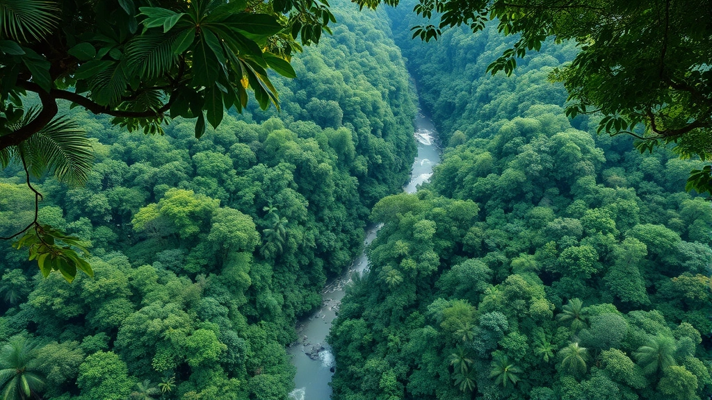 Aerial view of tropical rainforest canopy with dense green vegetation and river winding through untouched wilderness, photorealistic natural lighting, no text or labels