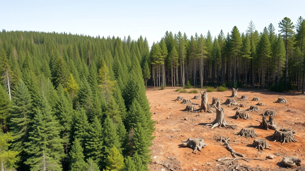 Stark contrast image: healthy dense forest on left side transitioning to deforested barren land with exposed soil and scattered tree stumps on right side, natural daylight