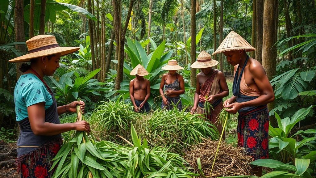 Indigenous community members working with forest plants and traditional resources in lush rainforest setting, demonstrating sustainable forest use and economic livelihoods, photorealistic natural conditions