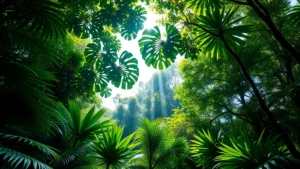 Lush rainforest canopy with sunlight streaming through leaves, untouched pristine wilderness with biodiversity thriving, photorealistic forest ecosystem at full health and density
