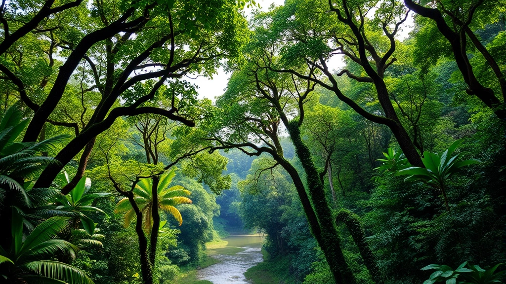 Lush tropical rainforest canopy with diverse tree species, sunlight filtering through layers of vegetation, river visible below, rich green ecosystem in pristine condition, no human infrastructure visible