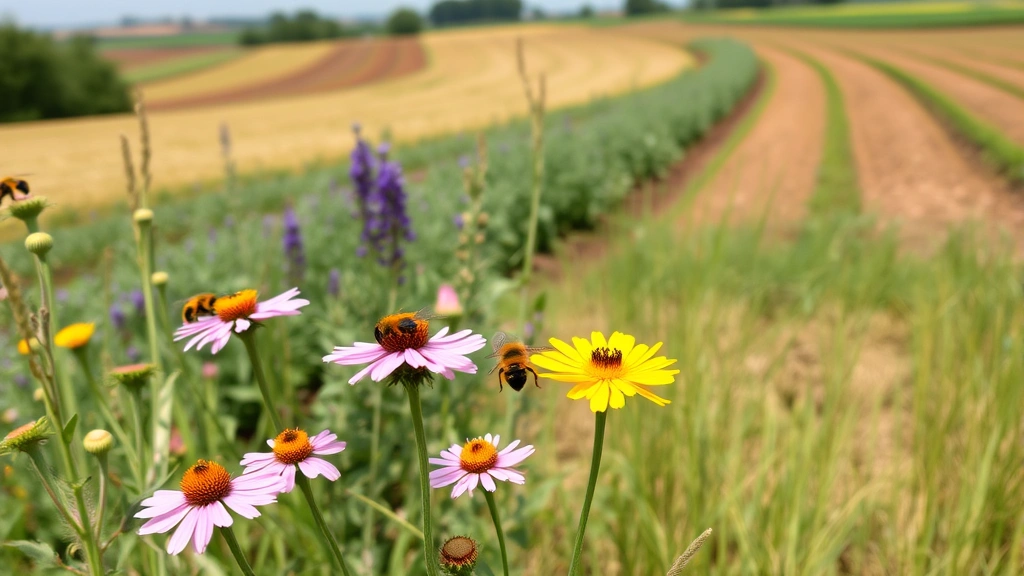 Diverse agricultural landscape with pollinator bees on wildflower blooms, healthy soil visible in cultivated fields, natural pest predators present, integrated farming system showing ecosystem health