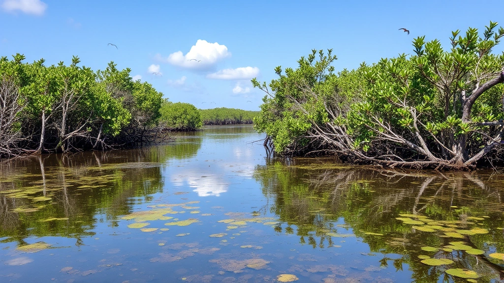 Coastal mangrove forest ecosystem with water reflection, fish nursery habitat visible, storm protection barrier function evident, blue carbon ecosystem in thriving condition, birds and marine life present