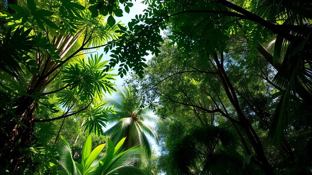 Lush tropical rainforest canopy with diverse vegetation layers, sunlight filtering through leaves, representing carbon sequestration and biodiversity value in pristine ecosystem