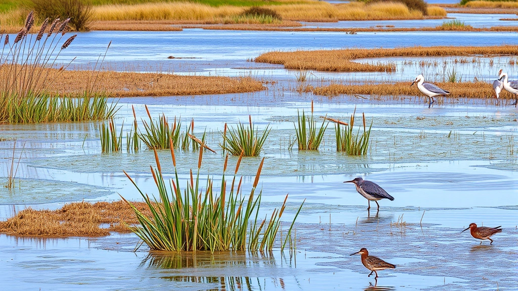 Wetland landscape with water birds, reeds, and shallow water, showcasing water purification and flood mitigation ecosystem services in natural setting