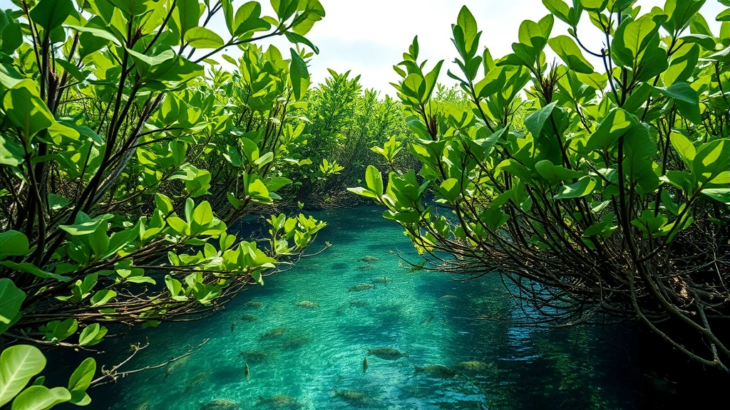 Coastal mangrove forest meeting ocean waters, with fish schools visible, representing fisheries productivity and coastal protection ecosystem services