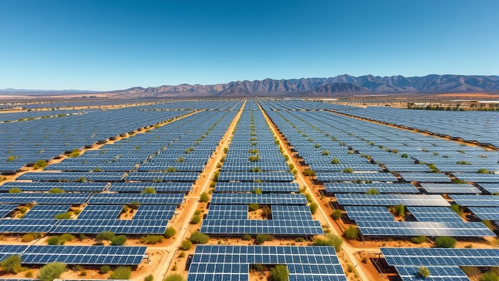 Photorealistic aerial view of sprawling solar panel farm with mountains in background and clear blue sky, showing rows of glinting panels with natural vegetation between rows, no text or labels visible