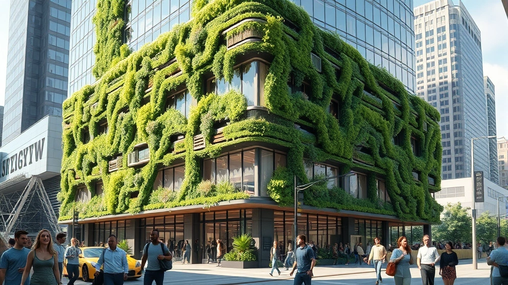 Photorealistic image of modern green office building with living plant walls and renewable energy infrastructure visible, urban setting with diverse people walking nearby, natural lighting emphasizing sustainability features, no text or charts
