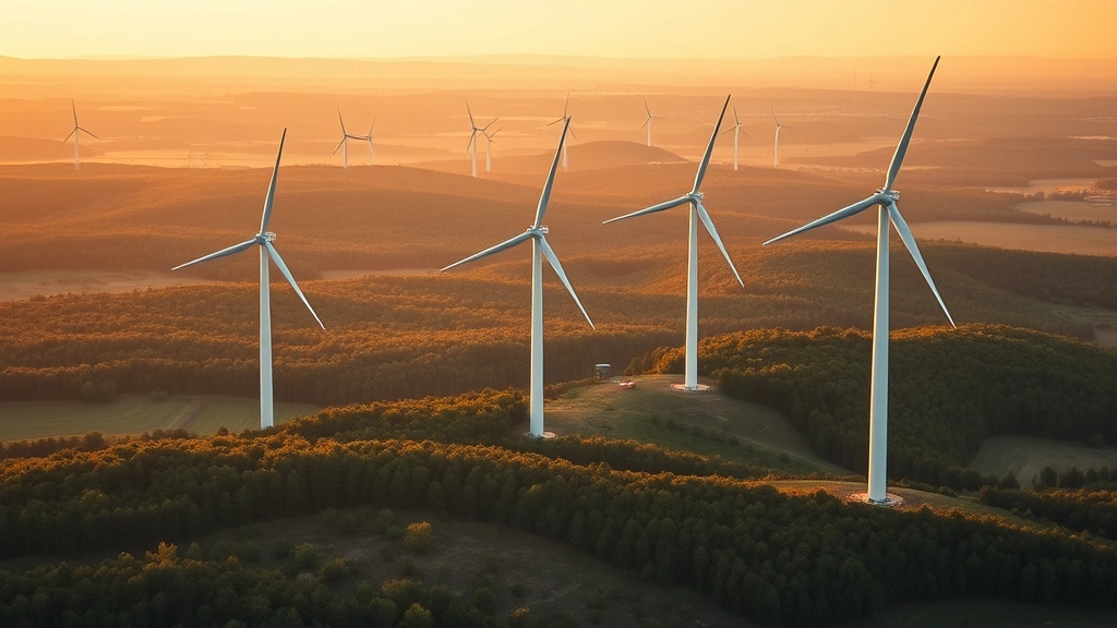 Photorealistic photograph of wind turbines in a landscape with healthy forests and agricultural land below, golden hour lighting, showing integration of renewable energy with natural ecosystems, no visible text or data visualization