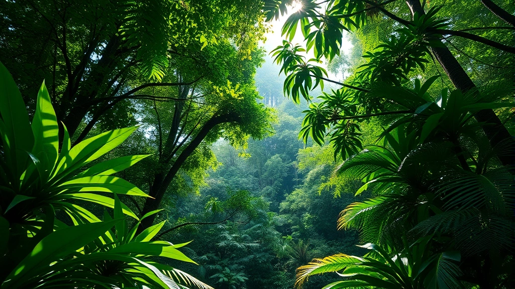 Lush tropical rainforest canopy with sunlight filtering through dense green foliage, showcasing biodiversity and carbon sequestration in natural habitat, photorealistic
