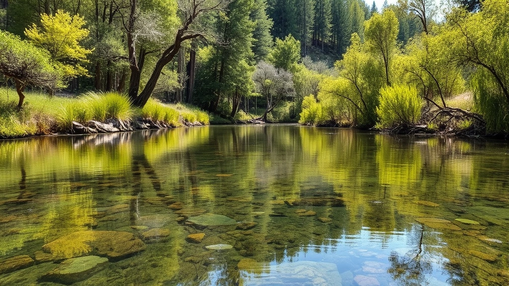 Clear freshwater river flowing through healthy riparian forest with native trees reflected in pristine water, demonstrating water purification ecosystem services, photorealistic
