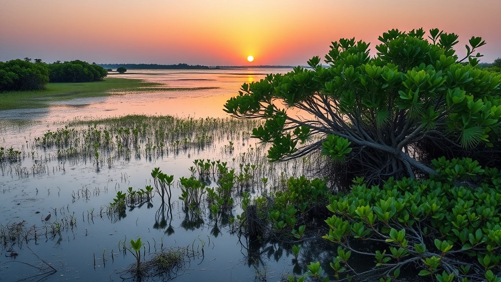 Coastal wetland ecosystem with mangrove trees meeting shallow water at sunset, showing salt marsh vegetation providing storm surge protection and nursery habitat, photorealistic