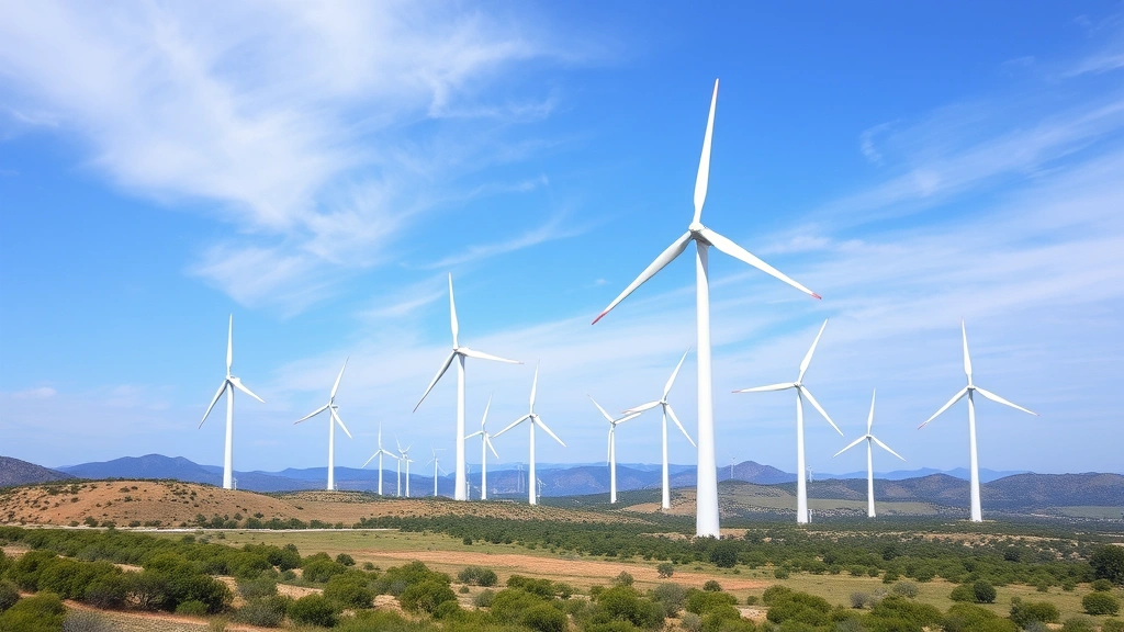 Industrial renewable energy wind farm on landscape with white turbines against blue sky and natural terrain, demonstrating clean energy infrastructure and economic investment in sustainable technology, photorealistic, no text