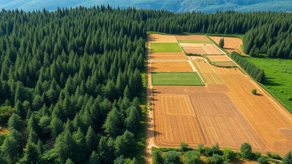 Forest landscape showing conservation area boundary with intact forest on one side and cleared agricultural land on other side, illustrating deforestation contrast and land-use economics, natural lighting, photorealistic, no text