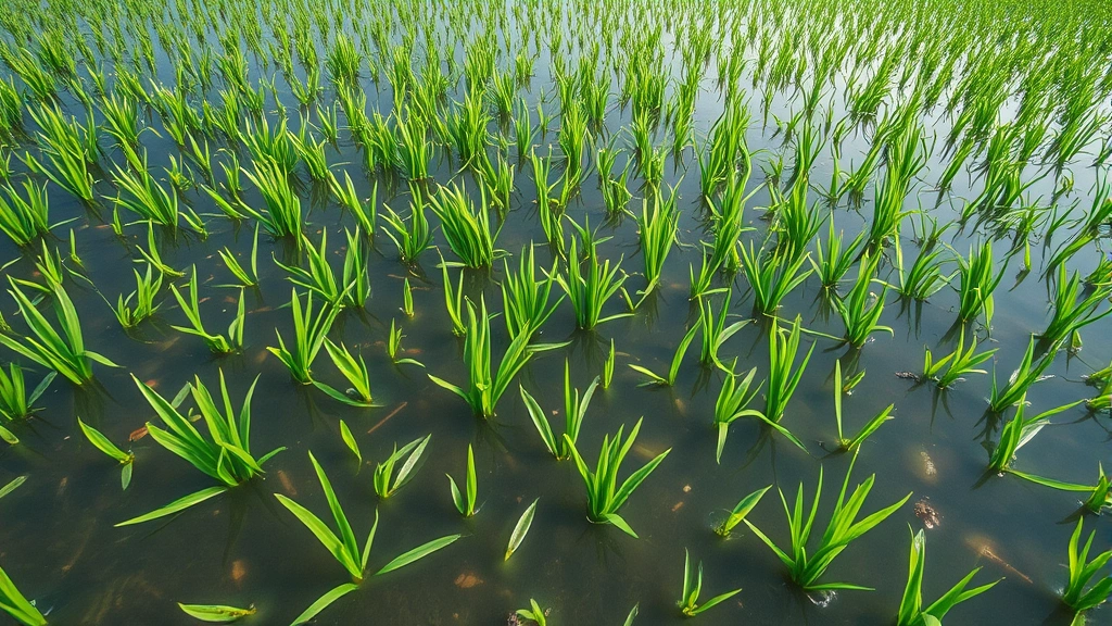 Underwater rice paddies with submerged green plants in flooded agricultural field, water surface visible, natural wetland ecosystem setting, photorealistic