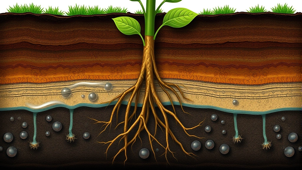 Cross-section of waterlogged soil showing anaerobic conditions, water-filled pores around plant roots, dark saturated soil layers, root system visible, scientific illustration style photography