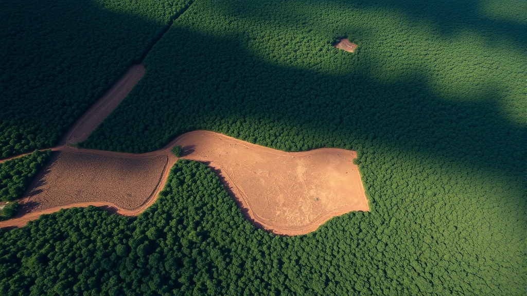 Aerial view of deforestation boundary showing cleared land adjacent to intact rainforest, highlighting economic trade-offs in land use decisions