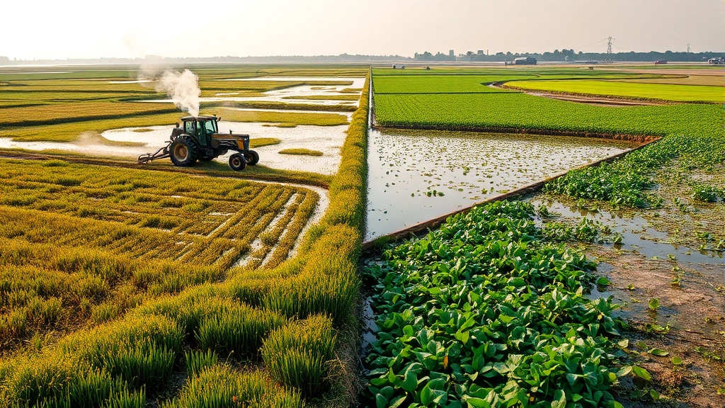 Industrial wetland conversion with machinery and workers, contrasting natural habitat with agricultural development, representing ecosystem service loss