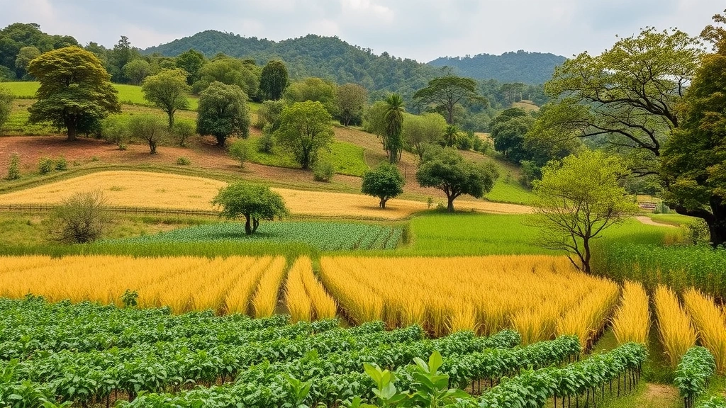Sustainable agroforestry landscape with diverse crops and trees integrated together, demonstrating profitable ecosystem protection and restoration