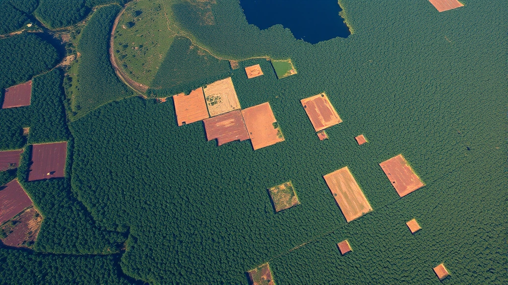 Aerial view of deforestation patterns showing cleared land adjacent to intact forest, demonstrating human land-use impact on ecosystem fragmentation and habitat loss in tropical region