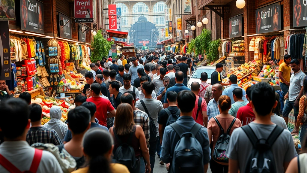 Crowded urban marketplace with diverse shoppers browsing consumer goods, illustrating consumer behavior patterns and consumption culture that drive resource depletion and environmental impact