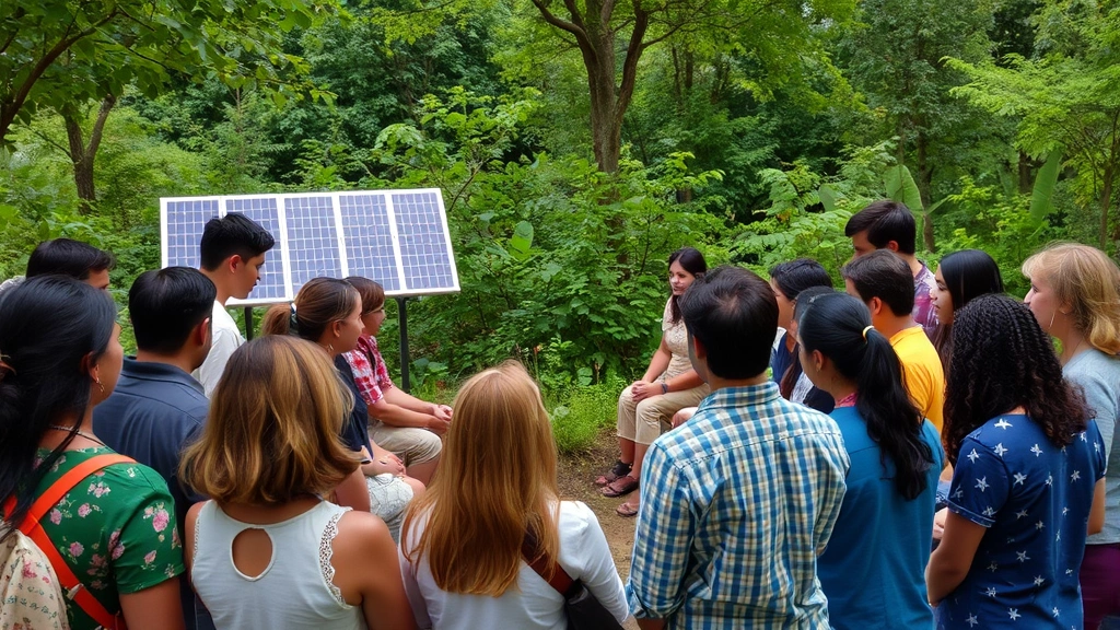 Community gathering around renewable energy installation or environmental conservation project, showing collective action and behavioral change toward sustainable practices and ecosystem restoration