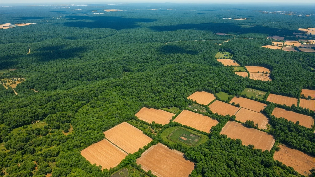 Aerial view of vast forest landscape transitioning to cleared agricultural fields in patchwork pattern, showing deforestation impact on ecosystem fragmentation