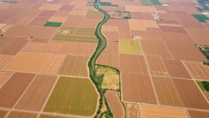 Aerial view of vast agricultural fields with irrigation channels, showing human-modified landscape with natural ecosystem remnants at field edges, representing agricultural land use transformation and human-environment interaction
