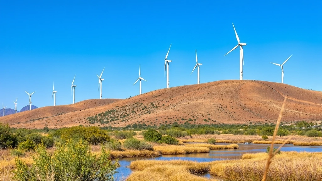 Renewable energy wind turbines installed on rolling hillside landscape with restored native vegetation and wetlands in foreground, demonstrating sustainable energy infrastructure integration