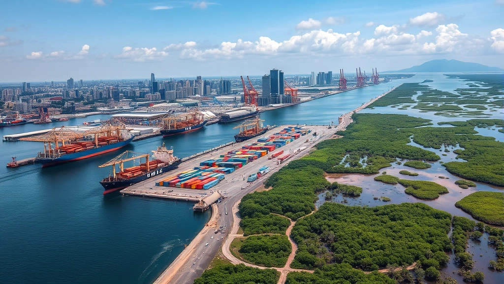 Bustling port city with cargo ships, urban skyline, and industrial facilities alongside mangrove forests and coastal wetlands, showing tension between economic development and natural ecosystems in dynamic human-environment interface