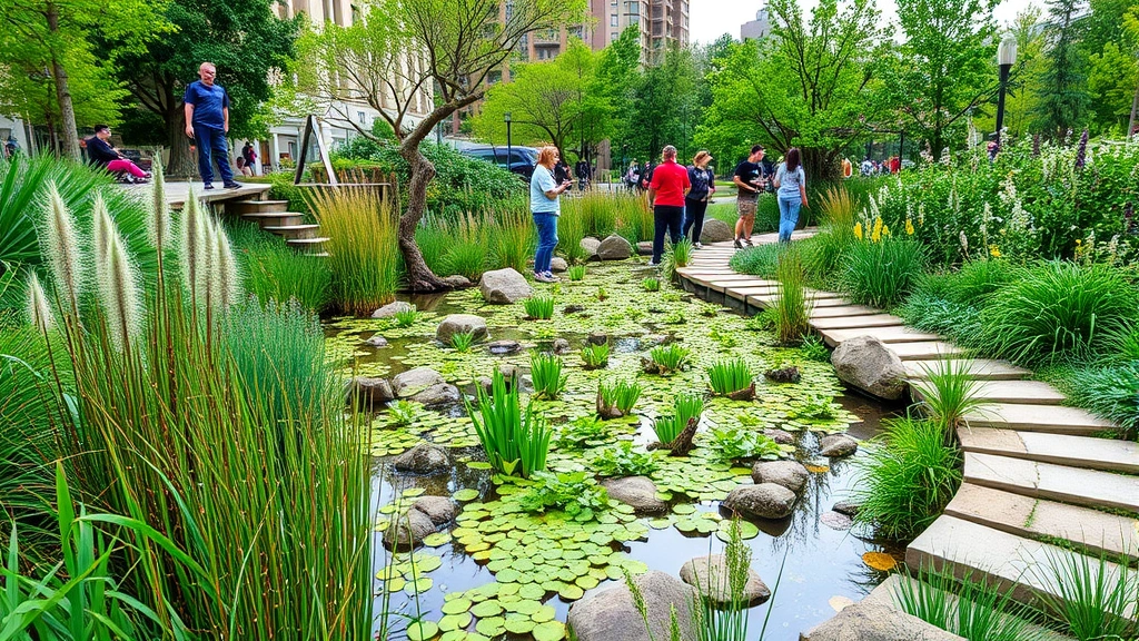 Urban park with green infrastructure including restored wetlands, native plants, and community members engaged in environmental stewardship activities, showing nature-based solutions in cities