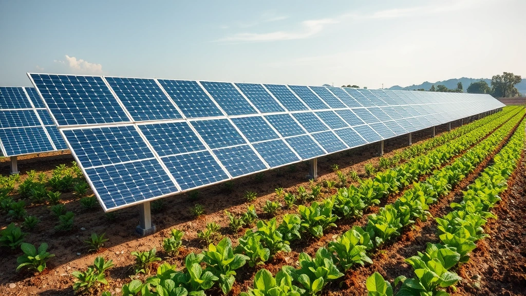 Renewable energy solar panel array installed on agricultural land with crops growing beneath, showing technological innovation enabling dual land use and sustainable human-environment interaction model