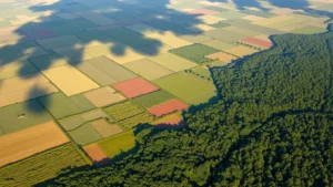 Aerial view of sprawling industrial agriculture fields transitioning into fragmented natural forest patches, showing clear deforestation boundaries with heavy machinery visible, morning light creating dramatic shadows across landscape