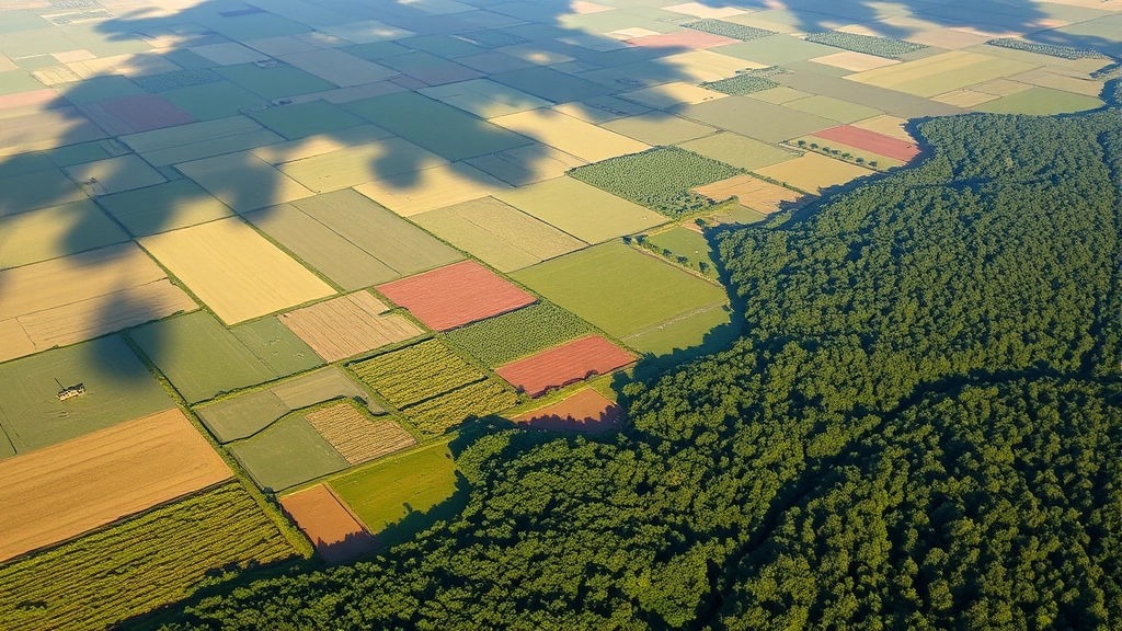 Aerial view of sprawling industrial agriculture fields transitioning into fragmented natural forest patches, showing clear deforestation boundaries with heavy machinery visible, morning light creating dramatic shadows across landscape