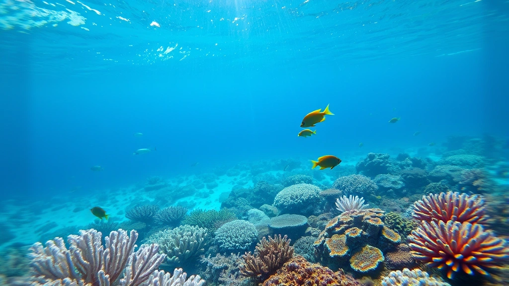 Underwater coral reef ecosystem showing bleached white corals alongside healthy vibrant corals in same frame, tropical fish swimming through damaged areas, sunlight filtering through water column highlighting ecosystem degradation contrast