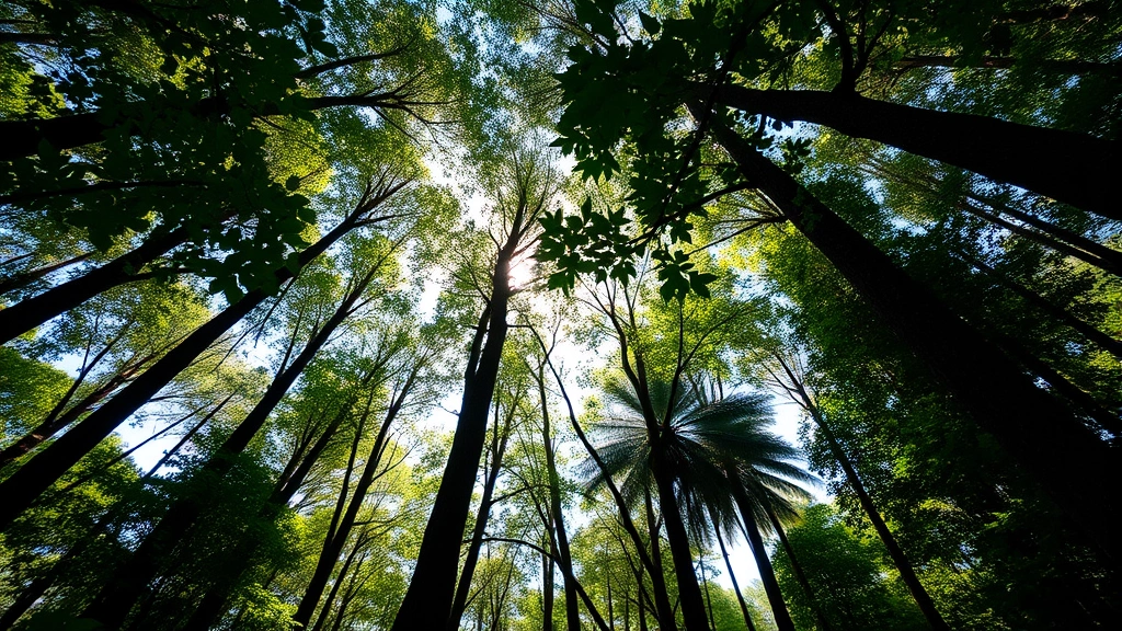 Dense primary forest canopy from ground perspective looking upward, sunlight dappled through leaves, diverse bird species and insects visible, representing intact biodiversity ecosystem with ecological complexity and natural abundance