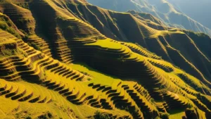 Aerial view of agricultural terraces carved into mountainous terrain showing human landscape modification and adaptation to steep topography, vibrant green crops and brown soil patterns, morning sunlight creating shadows across hillsides, photorealistic
