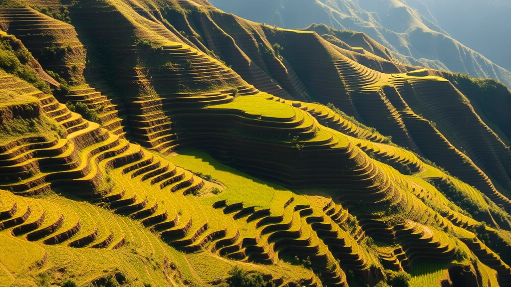 Aerial view of agricultural terraces carved into mountainous terrain showing human landscape modification and adaptation to steep topography, vibrant green crops and brown soil patterns, morning sunlight creating shadows across hillsides, photorealistic