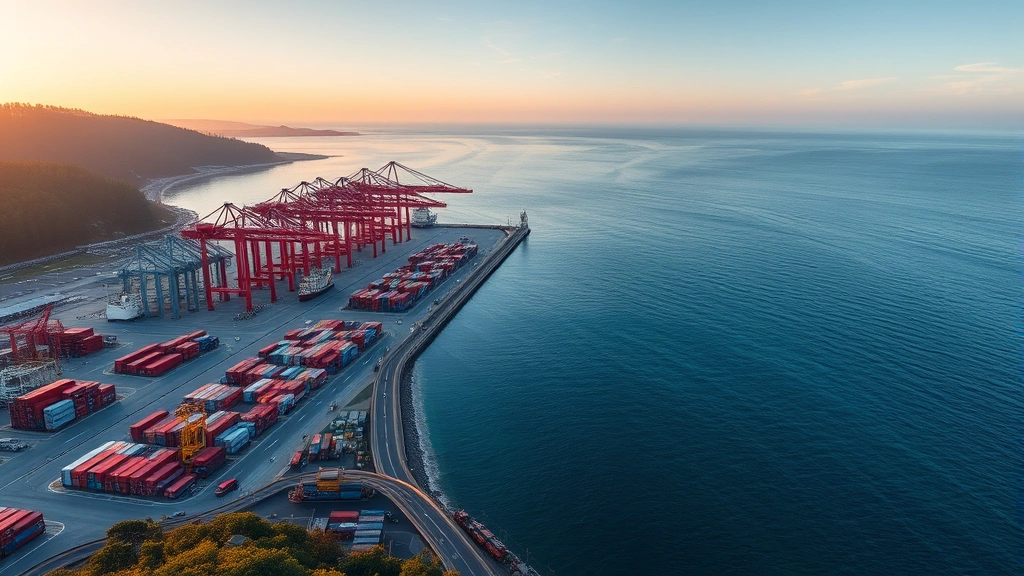 Industrial port facility with cargo containers, ships, and cranes alongside pristine ocean water and coastal forest, representing tension between economic activity and environmental conservation, golden hour lighting
