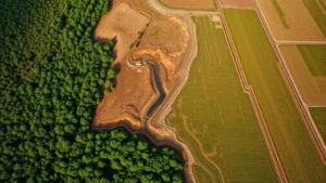 Aerial view of agricultural fields transitioning from dense forest to cleared cropland, showing the stark contrast between deforestation and monoculture farming, with visible erosion patterns and water runoff
