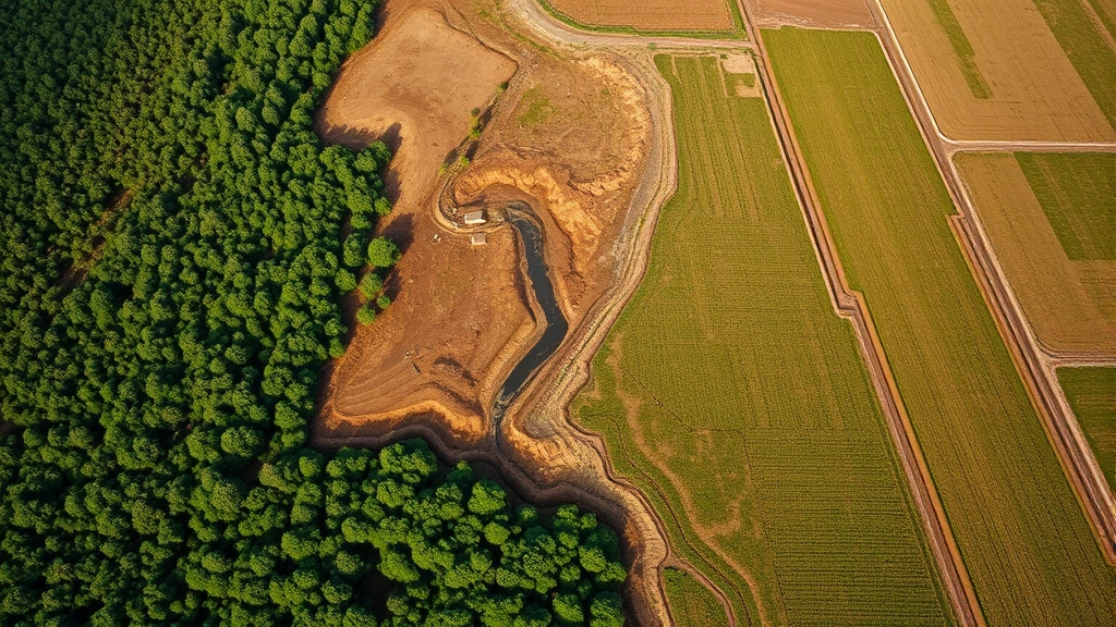 Aerial view of agricultural fields transitioning from dense forest to cleared cropland, showing the stark contrast between deforestation and monoculture farming, with visible erosion patterns and water runoff