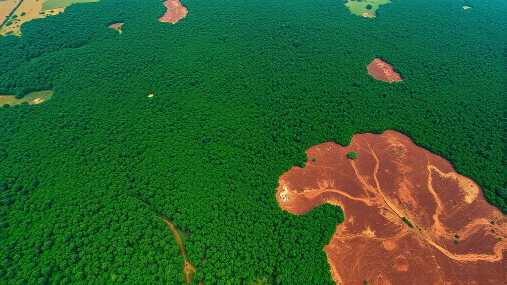 Aerial view of Amazon rainforest with cleared patches showing deforestation contrast between dense green forest and brown barren land, photorealistic satellite perspective