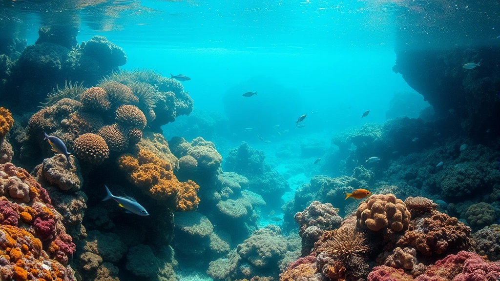 Underwater coral reef ecosystem showing vibrant coral formations with fish, healthy marine biodiversity in clear turquoise water with natural sunlight filtering through