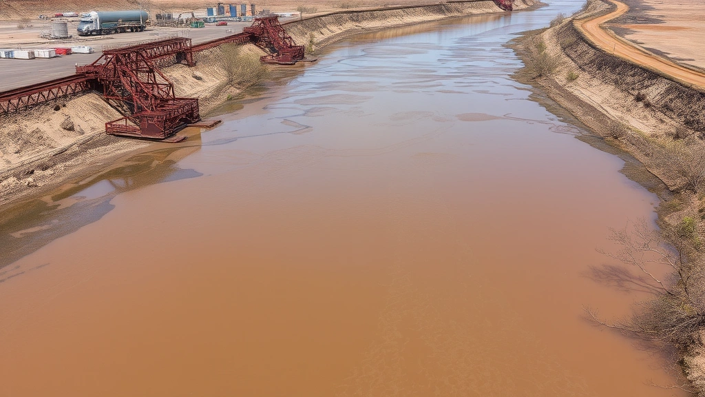 Polluted industrial waterway with murky brown water, rusty metal structures from mining or manufacturing operations visible along banks, barren landscape with no vegetation, depicting environmental degradation from resource extraction